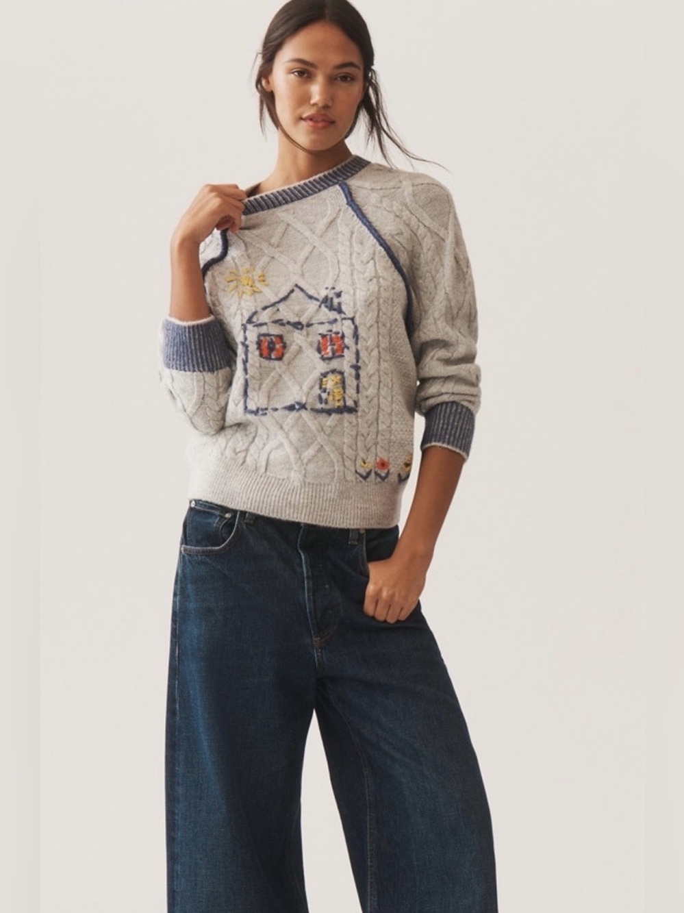 NWT Anthropologie Pilcro Cable-Knit Embroidered Cozy Home Sweater (Price Firm) - Picture 2 of 10